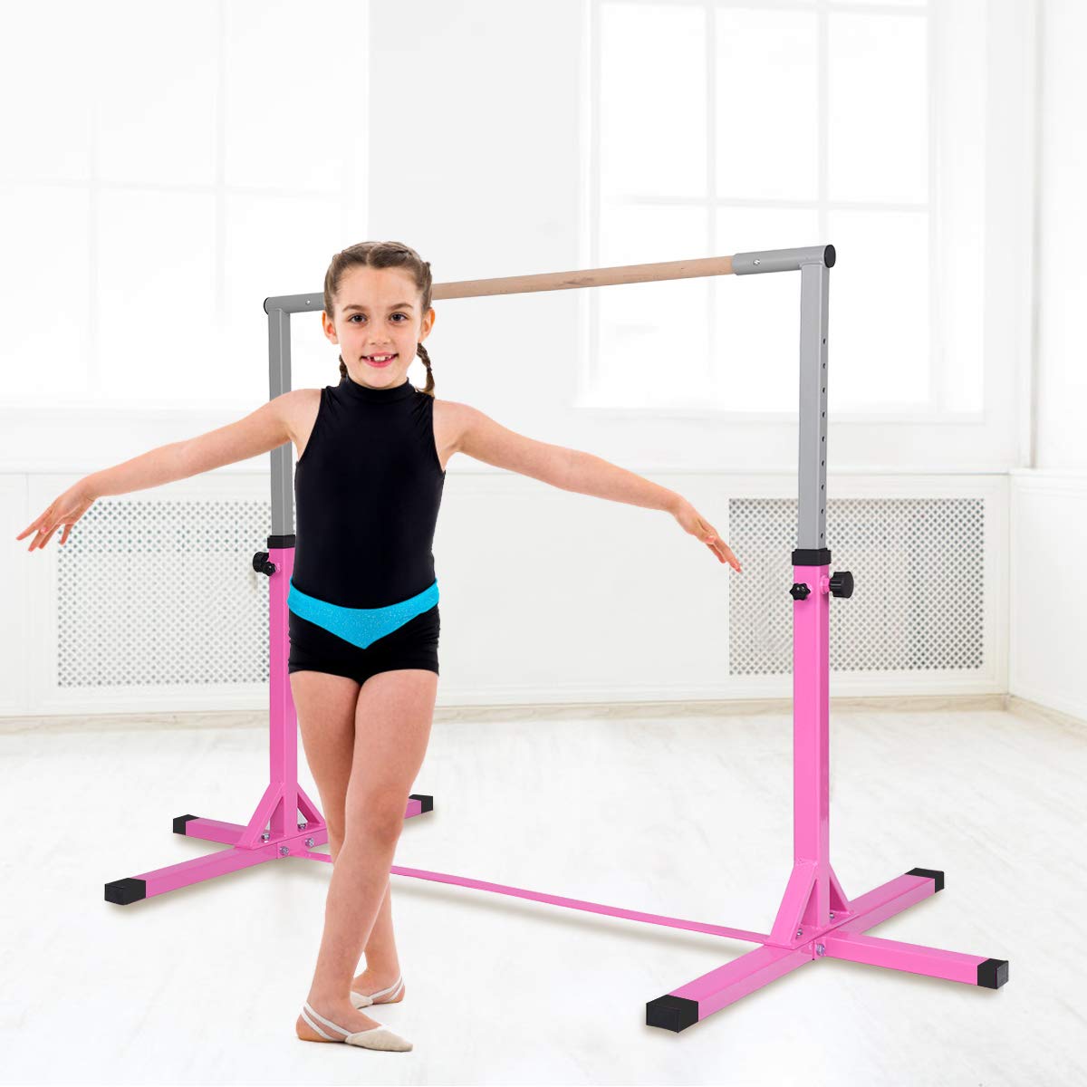 BABY JOY Kids Gymnastic Training Bar, 90 to 150cm Height Adjustable Expandable Exercise Horizontal Kip Bar w/Double Locking Mechanism