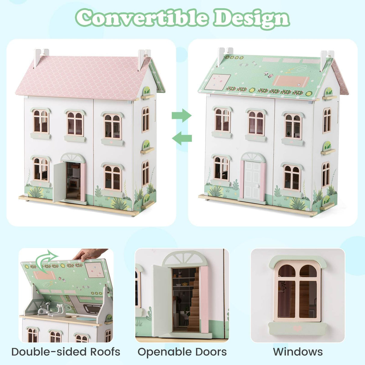 HONEY JOY Kids Wooden Dollhouse, 3 Level Doll House Playset