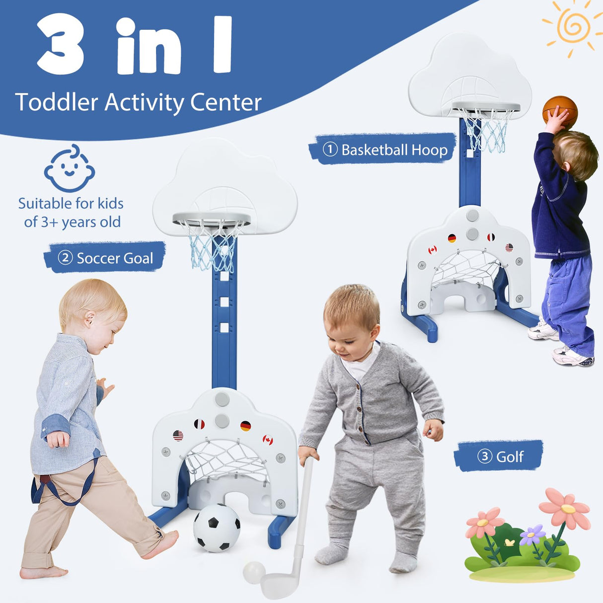 HONEY JOY Kids Basketball Hoop, 3 in 1 Toddler Sports Activity Center