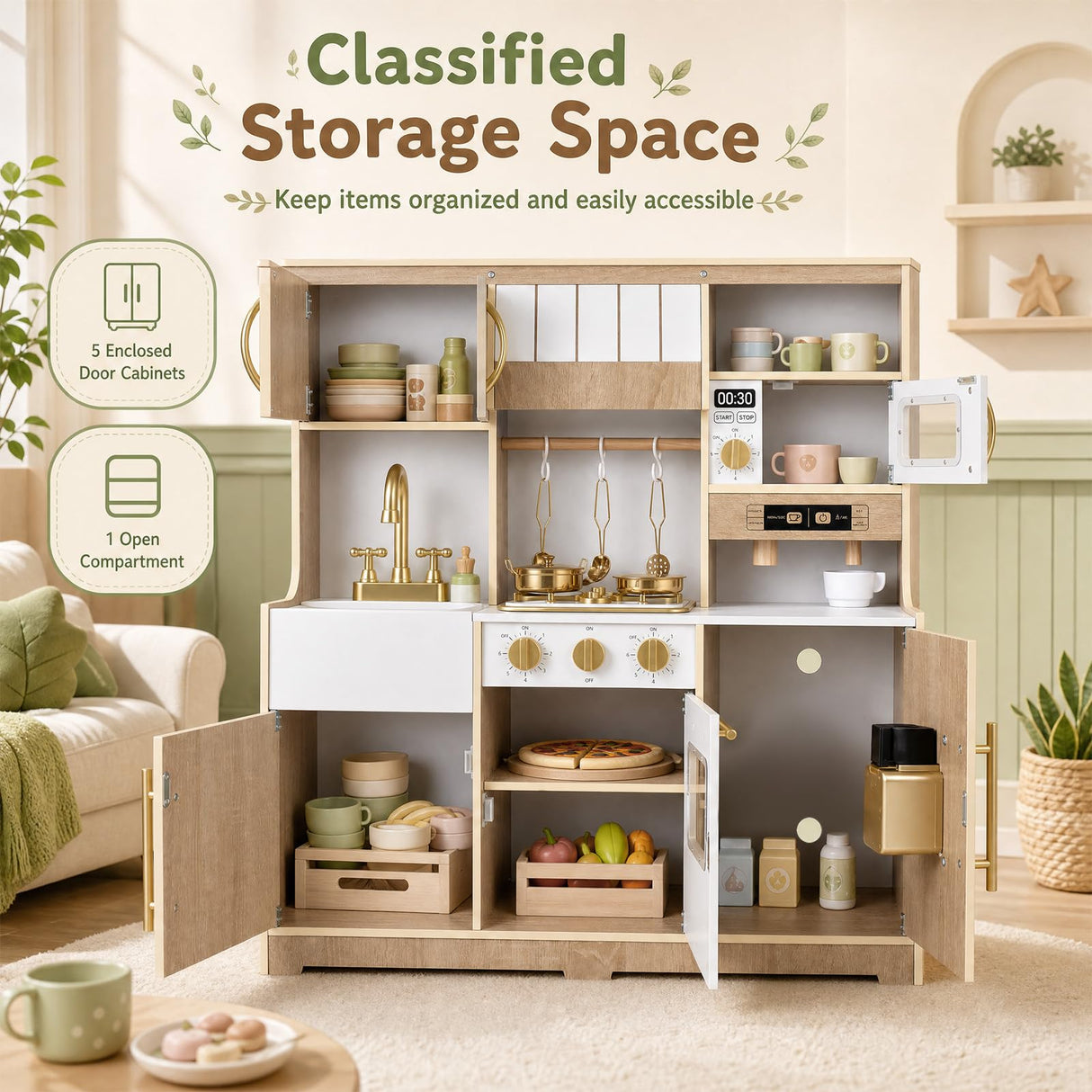 HONEY JOY Wooden Play Kitchen for Kids