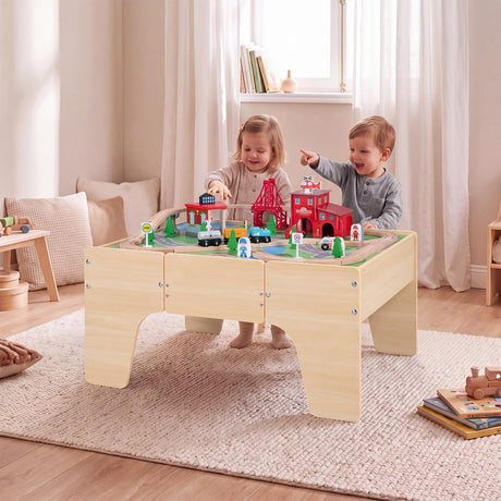 HONEY JOY 63-Piece Kids Wooden Train Table w/Storage Drawer