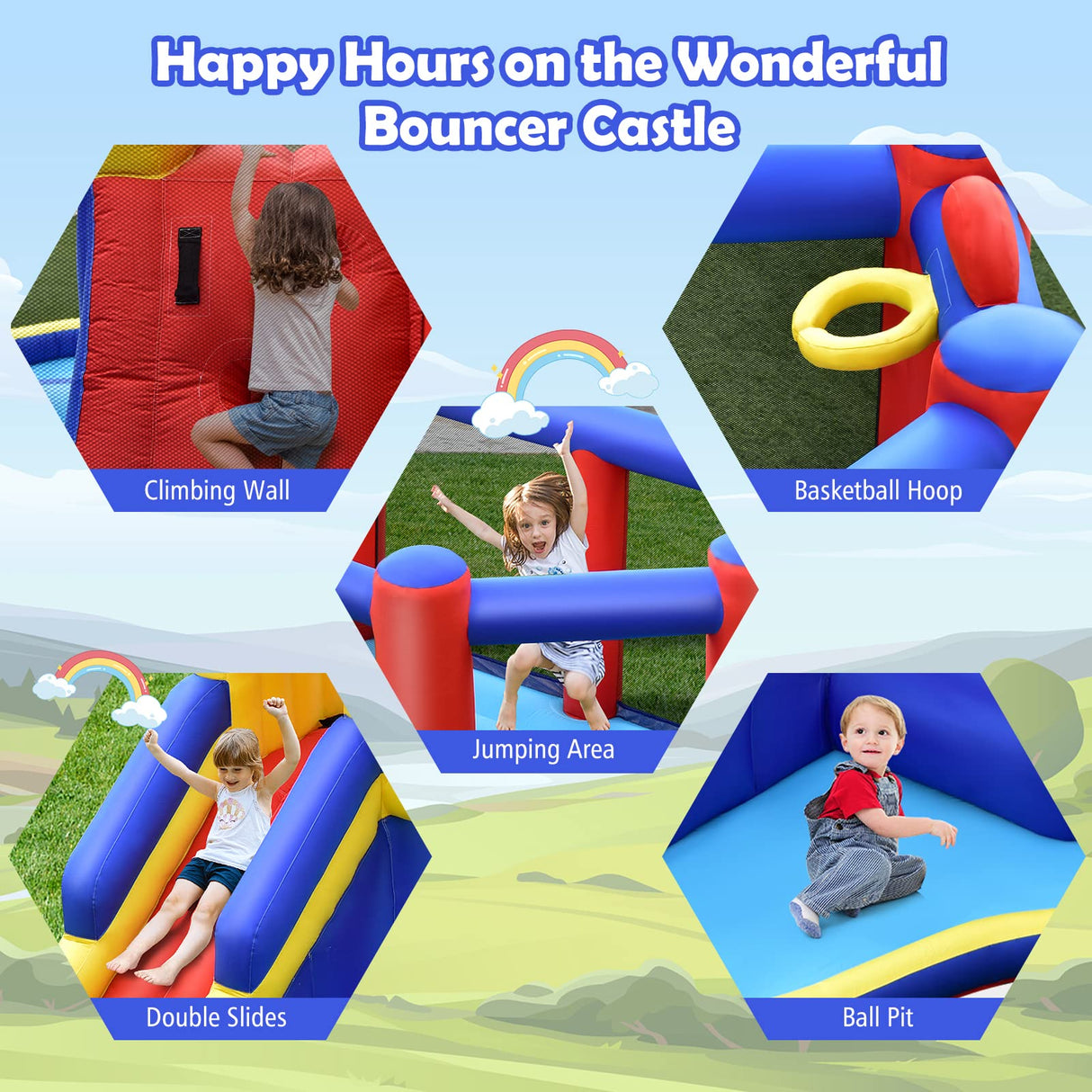 HONEY JOY Inflatable Bounce House with Large Jumping Area, Dual Slide, Ball Pit, Climb Wall, Basketball Hoop