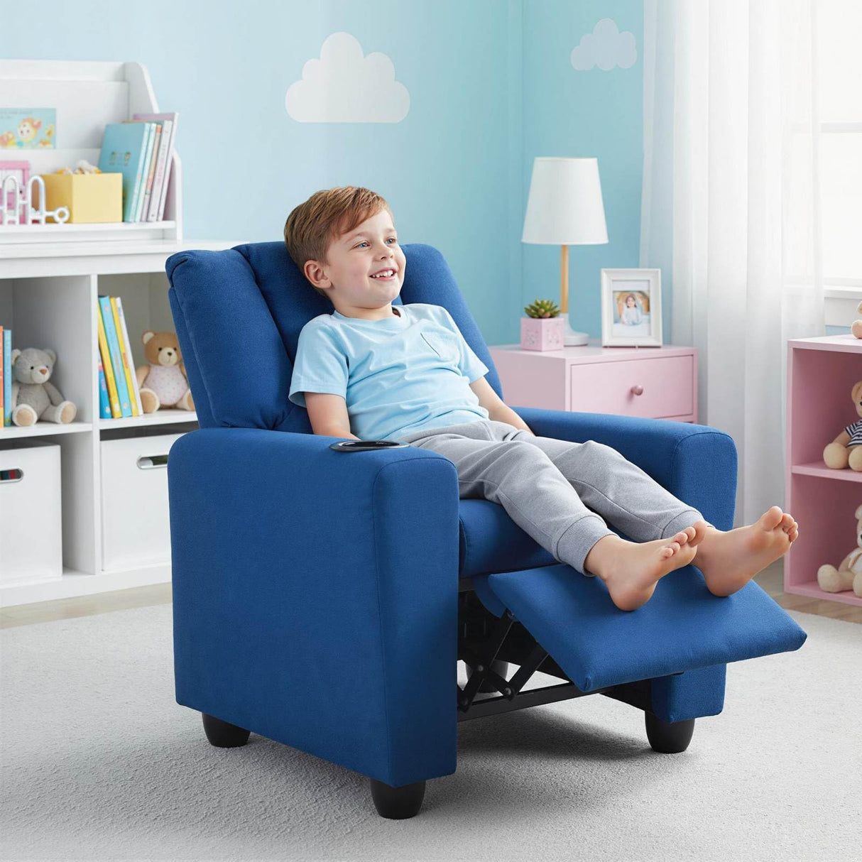 Kids Recliner Chair, PU Leather Push Back Toddler Sofa with Cup Holder