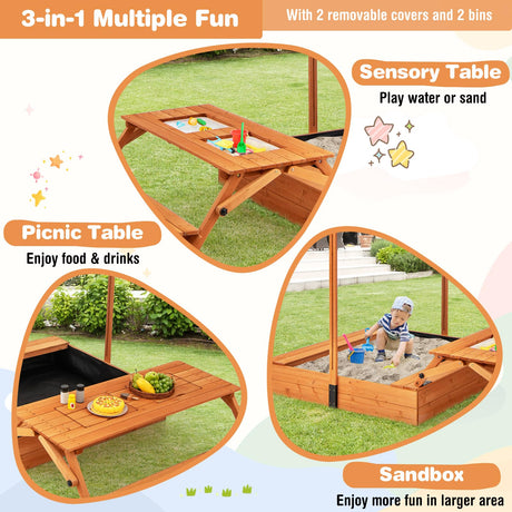 HONEY JOY Kids Wooden Sand Box w/Lid Cover, Outdoor Sand Pit for Children
