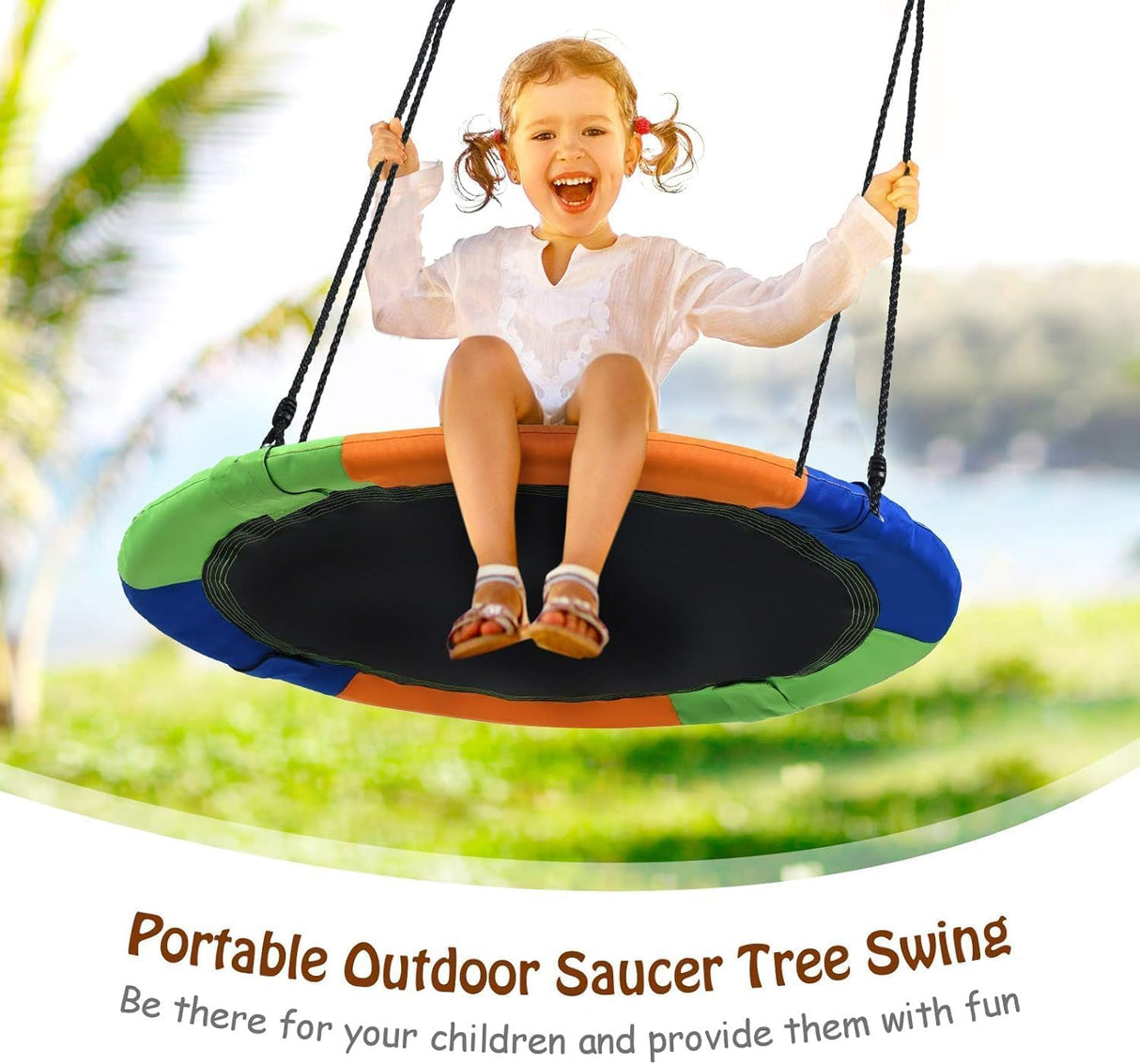 100 cm Flying Saucer Tree Swing for Kids, Play Swing with Adjustable Ropes
