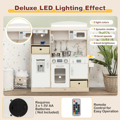 HONEY JOY Kids Play Kitchen, Wooden Pretend Kitchen Set w/Deluxe LED Lighting Effects