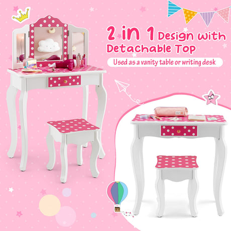 HONEY JOY 2 in 1 Kid Vanity Table & Stool Set Pretend Play Makeup Dressing Table