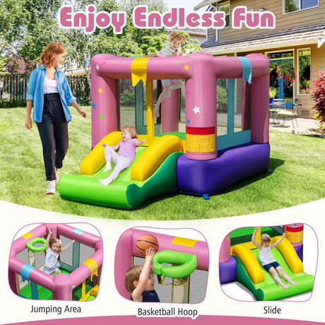 Inflatable Bounce House, Kids Bouncy Castle with Slide & Basketball Rim