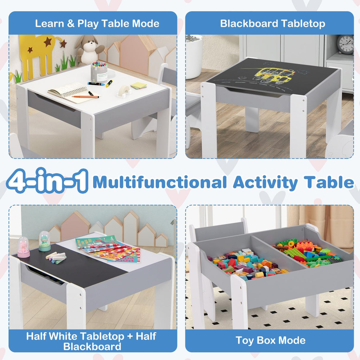 HONEY JOY Kids Table and Chair Set, 3-in-1 Wooden Activity Table and 2 Chairs for Drawing, Studying