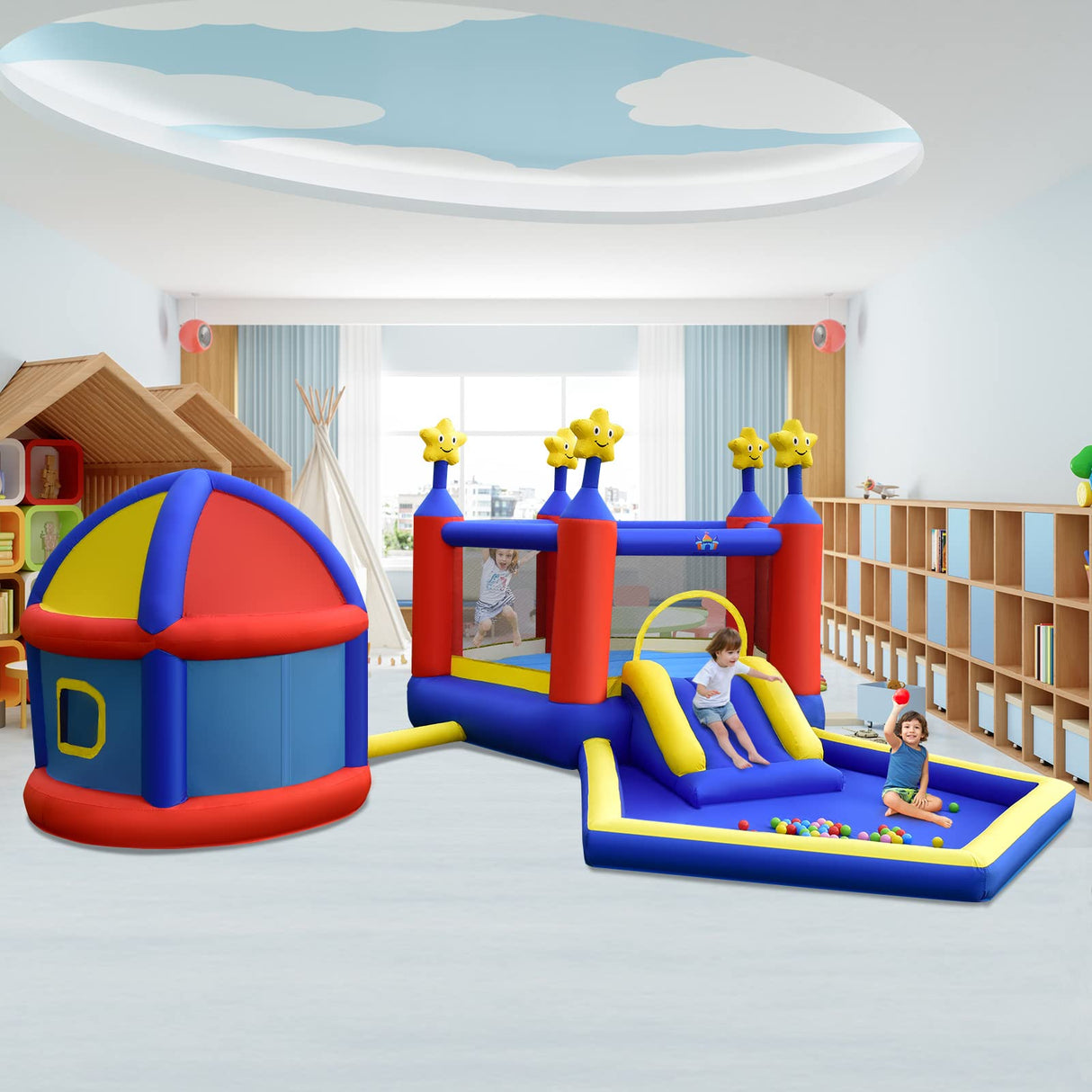 HONEY JOY Inflatable Bounce House with Playhouse, 5-in-1 Star Themed Bouncy Castle w/Double Basketball Hoops