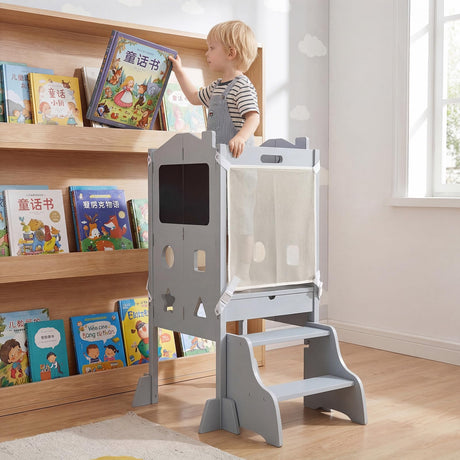 BABY JOY Foldable Toddler Tower with 3 Using Modes Step Stool Standing Kitchen Tower