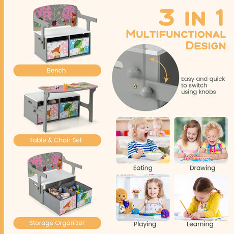 HONEY JOY 3 in 1 Kids Convertible Activity Bench, Children Table & Chair Set