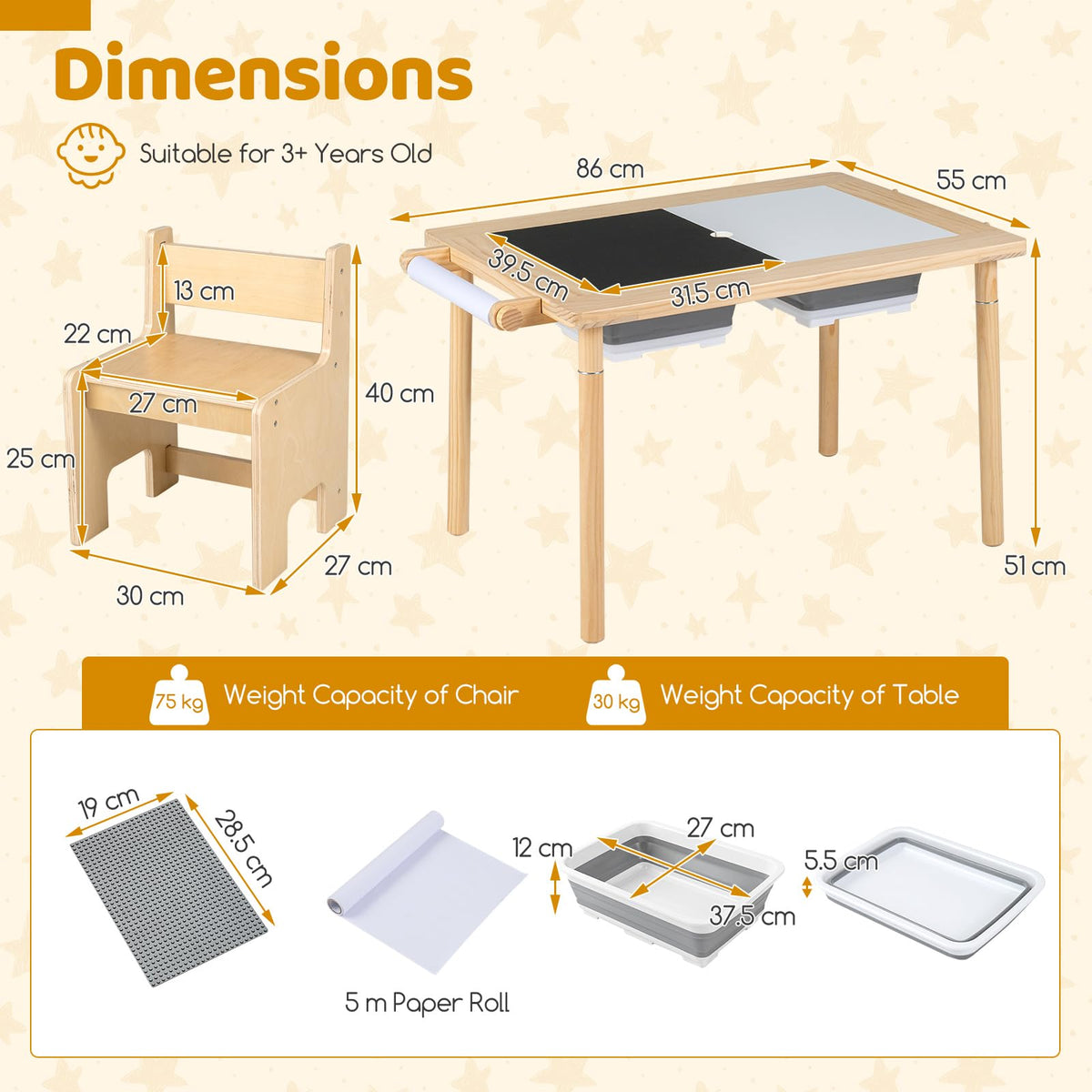 HONEY JOY Kids Sensory Table and Chair Set with Adjustable Height for 3+