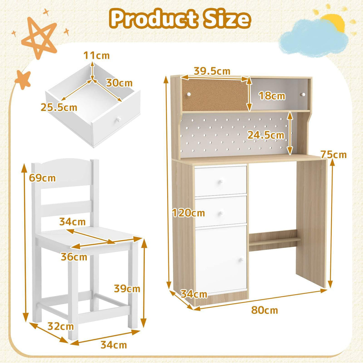 HONEY JOY Kids Desk and Chair Set w/2 Cabinets & 2 Drawers, Pegboard & Cork Bulletin Board