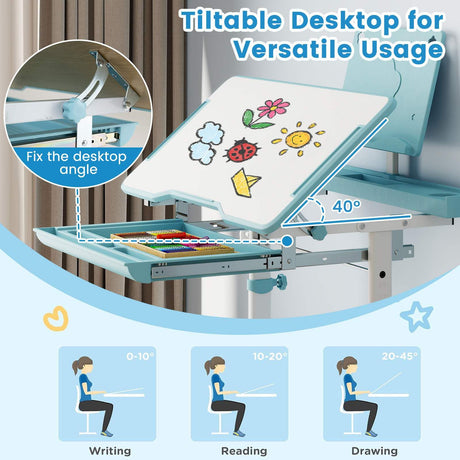 Tiltable desktop with illustrations of different activities and angles on a white background