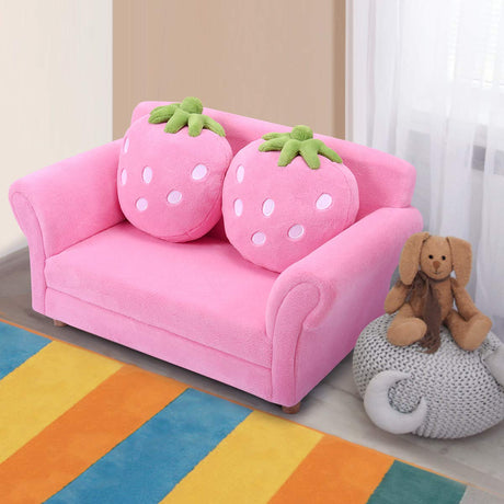 BABY JOY Toddler Couch with 2 Strawberry Pillows, Children Upholstered Loveseat Lounge Bed