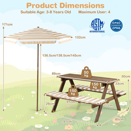 HONEY JOY Kids Picnic Table with Bench, Fir Wood Toddler Outdoor Table Set