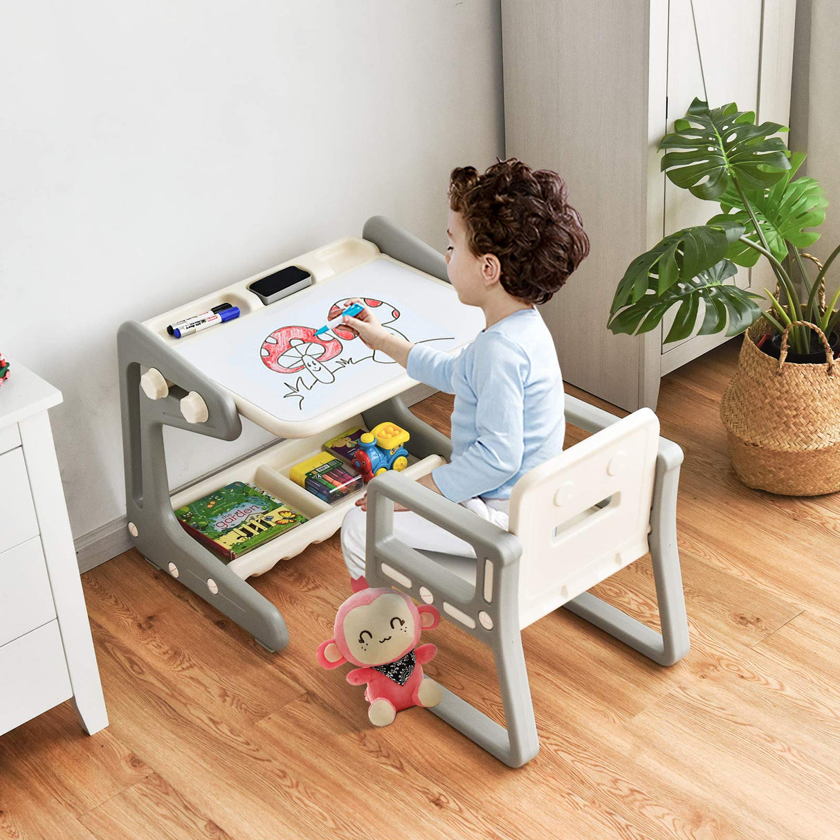 BABY JOY Kids Table & Chair, 2 in 1 Toddler Art Easel