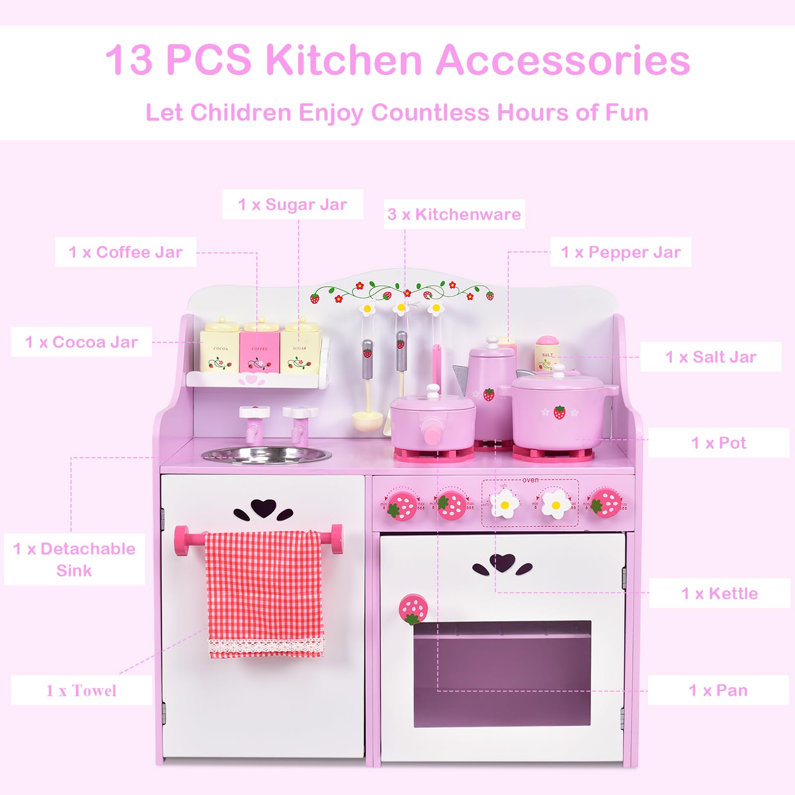 HONEY JOY Kids Kitchen Playset Wooden Strawberry Themed Pretend Play Babyjoy