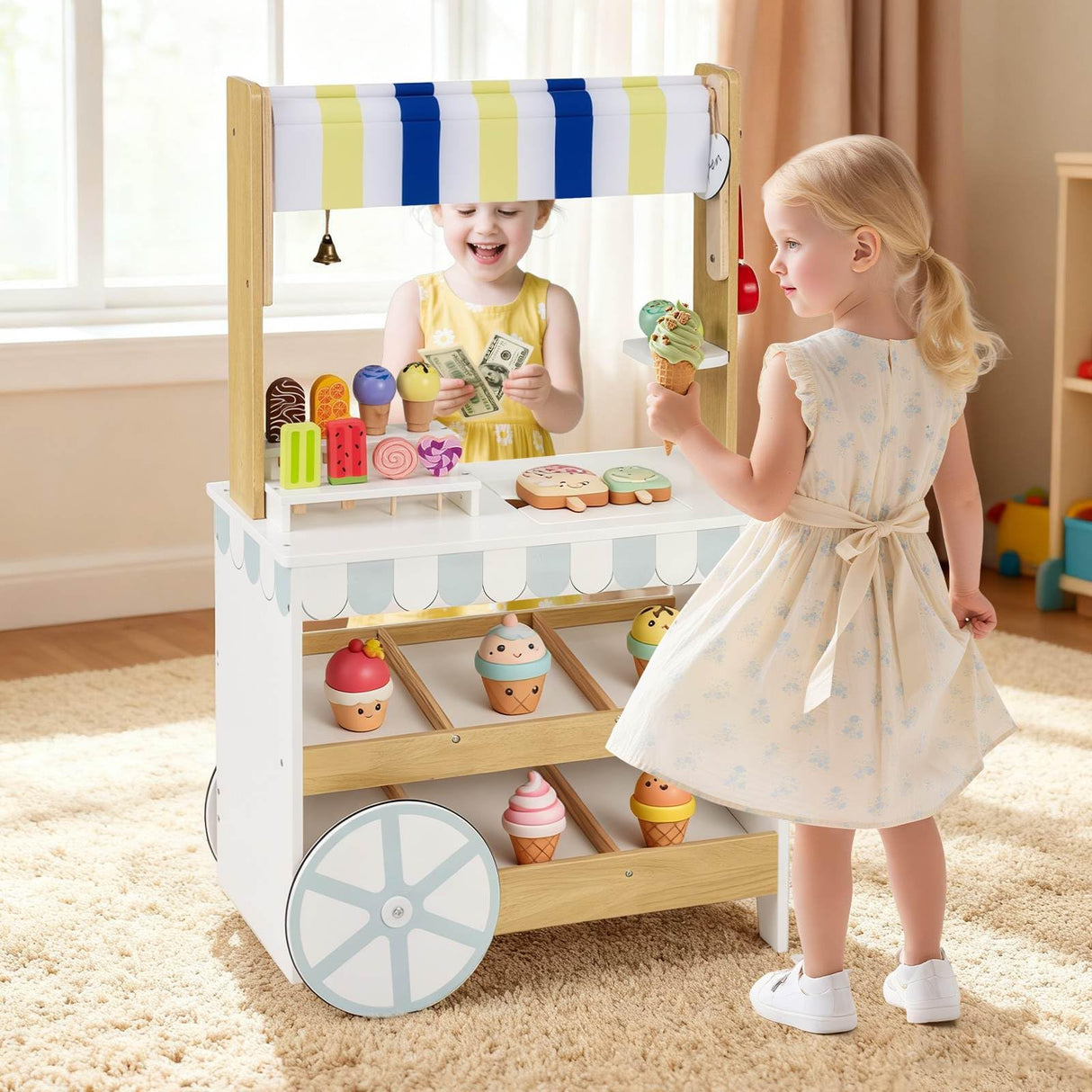 Wooden Ice Cream Cart for Kids, Pretend Play Set with Storage for 3+ Years Old