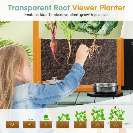 HONEY JOY Kids Kitchen Playset, Outdoor Mud Kitchen with Root Viewer Planter, Rotatable Faucet & Removable Sink