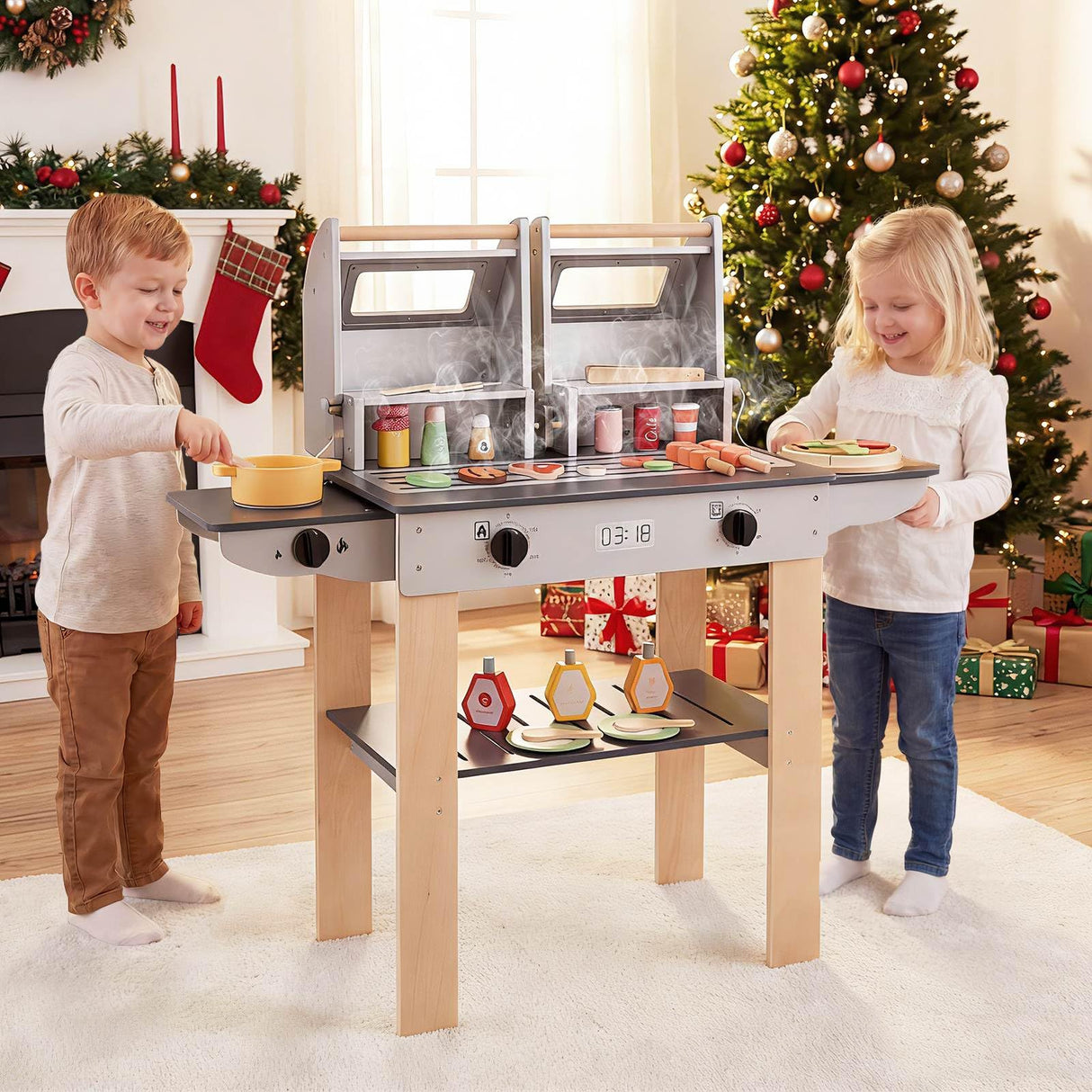 HONEY JOY Wooden Kids Barbecue Grill Playset, Kids Toy Grill with Abundant Grilling Tools