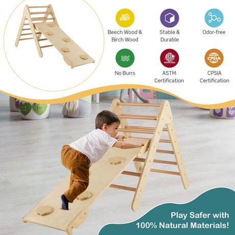 HONEY JOY Wooden Climbing Triangle Ladder for Kids, Children Montessori Triangle Climber with Adjustable Angle’s Ramp for Climb