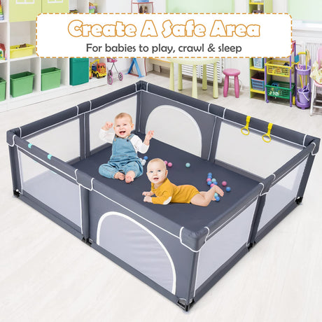 BABY JOY Baby Playpen for Toddler, 206 x 185.5 x 68 cm Large Safety Play Yard with 50 Ocean Balls, 4 Pull Rings