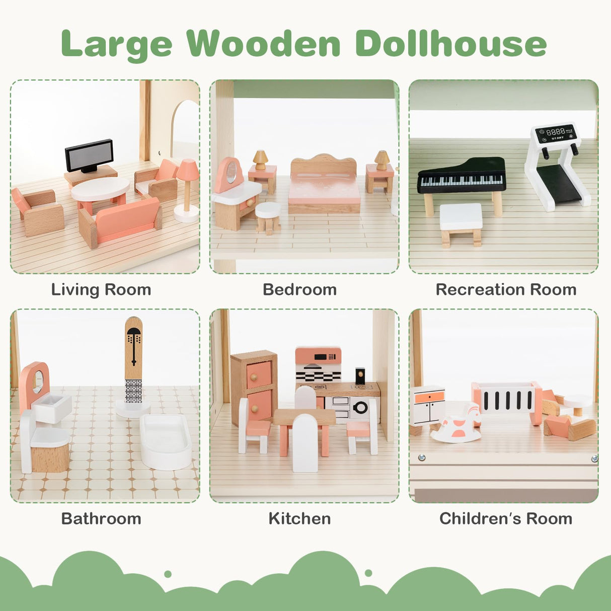 HONEY JOY Wooden Corner Dollhouse Playset, Green Roof Doll House with 34 Pieces of Furniture and Accessories