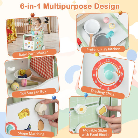 BABY JOY 6-in-1 Wooden Baby Walker, Toddler Push and Pull Learning Activity Center