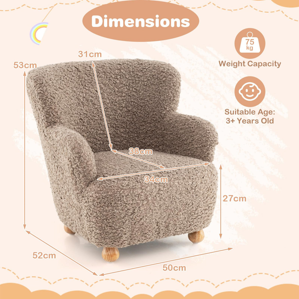 Kids Sofa, Comfy Toddler Armchair with Solid Rubber Wood Legs