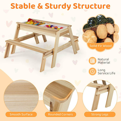 Wooden children's picnic table with benches, featuring solid fir wood construction and stability features.