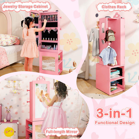 HONEY JOY Kids Jewelry Cabinet, 3-in-1 Freestanding Jewelry Armoire