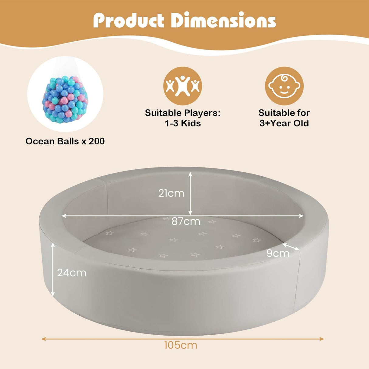 BABY JOY Round Foam Ball Pits, Ball Pits for Toddlers 105cm x 24cm w/Sponge Filling