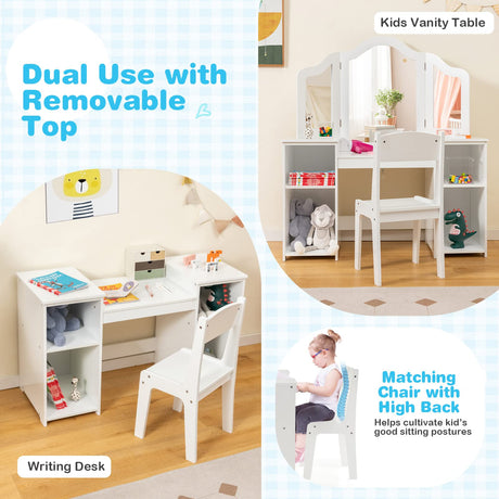 HONEY JOY 2 in 1 Kids Vanity Table & Chair Set, Princess Vanity Table with Removable Tri-fold Mirror