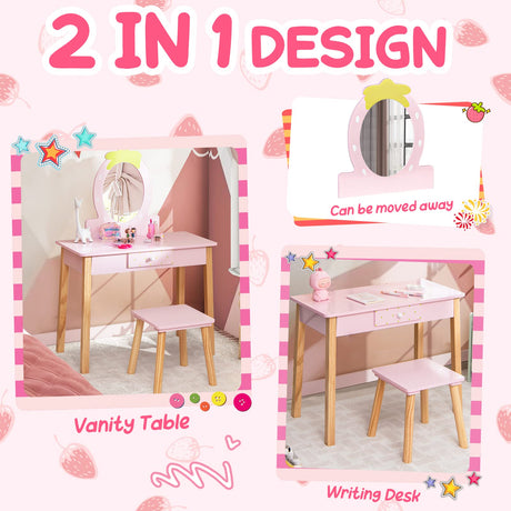HONEY JOY 2-in-1 Kids Vanity Set, Wooden Kids Dressing Table with Stool, Strawberry-Shaped Mirror & Practical Drawer