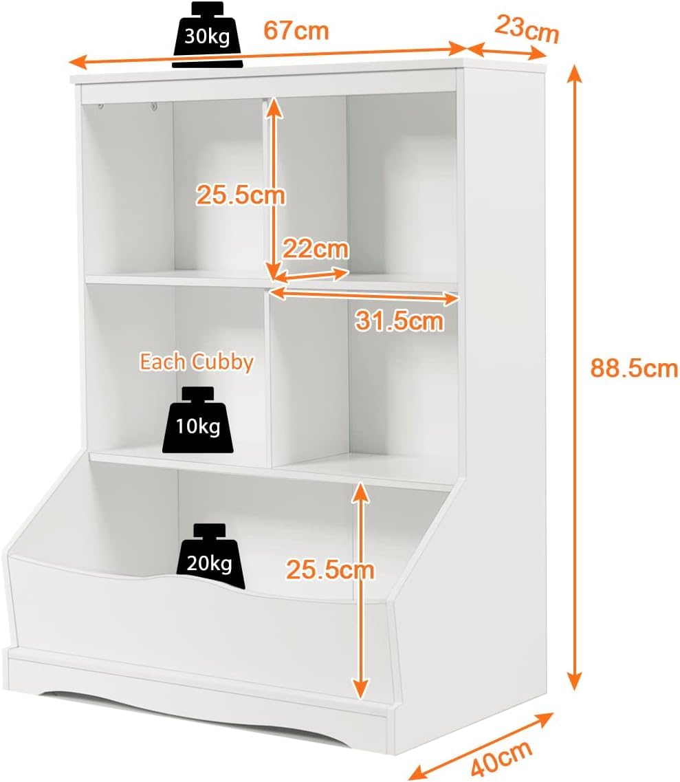 HONEY JOY Kids Bookshelf, 3-Tier Toy Storage Organiser for Children w/4 Open Compartments and 1 Box