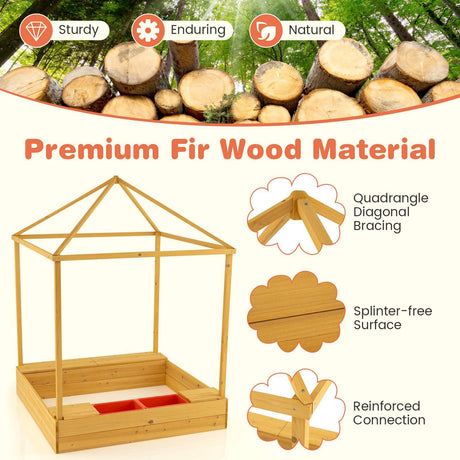 Kids Wooden Sandbox with Canopy, Outdoor Large Fir Wood Playhouse w/Bottom Liner