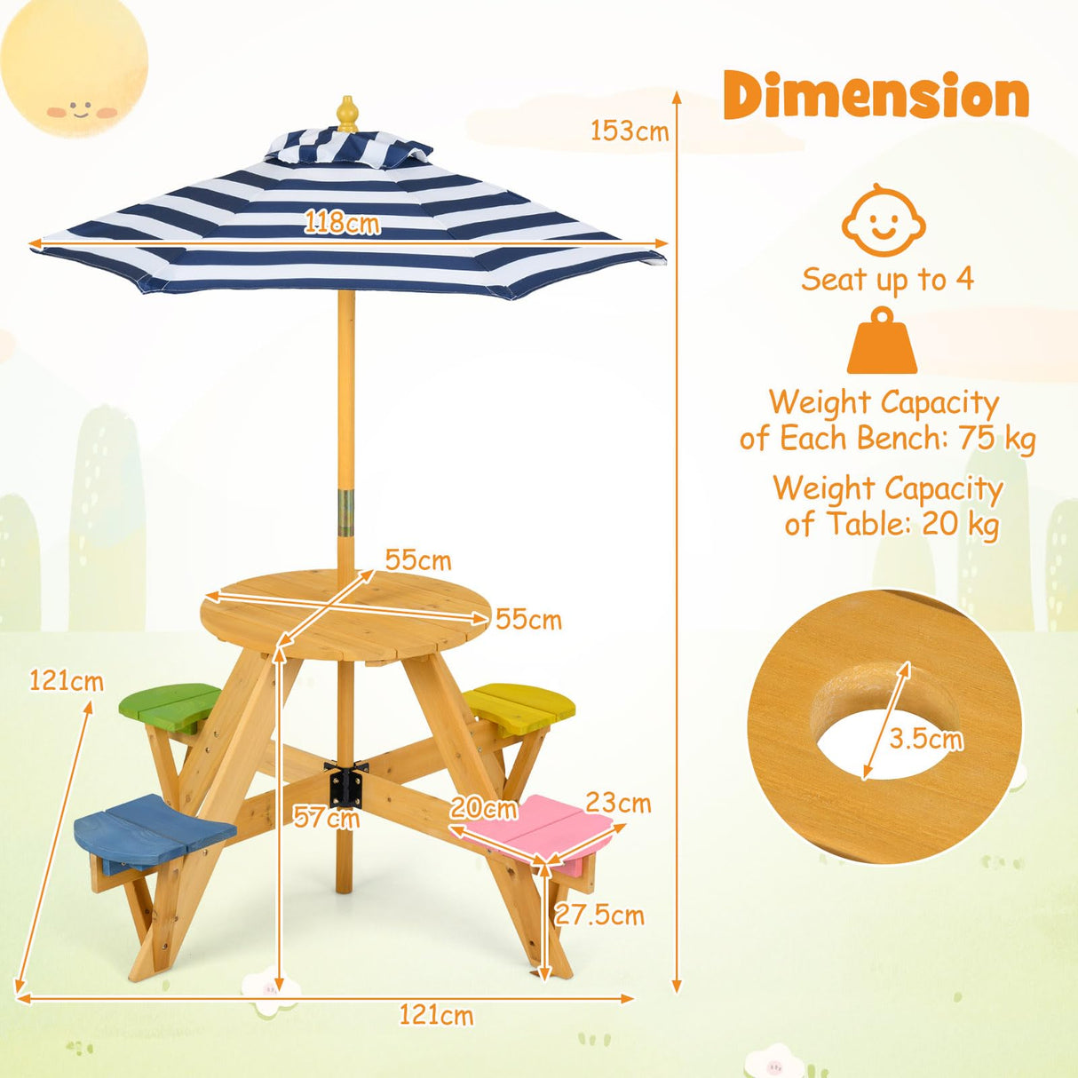 Kids Picnic Table with Stools and Foldable Adjustable Umbrella for Backyard and Patio