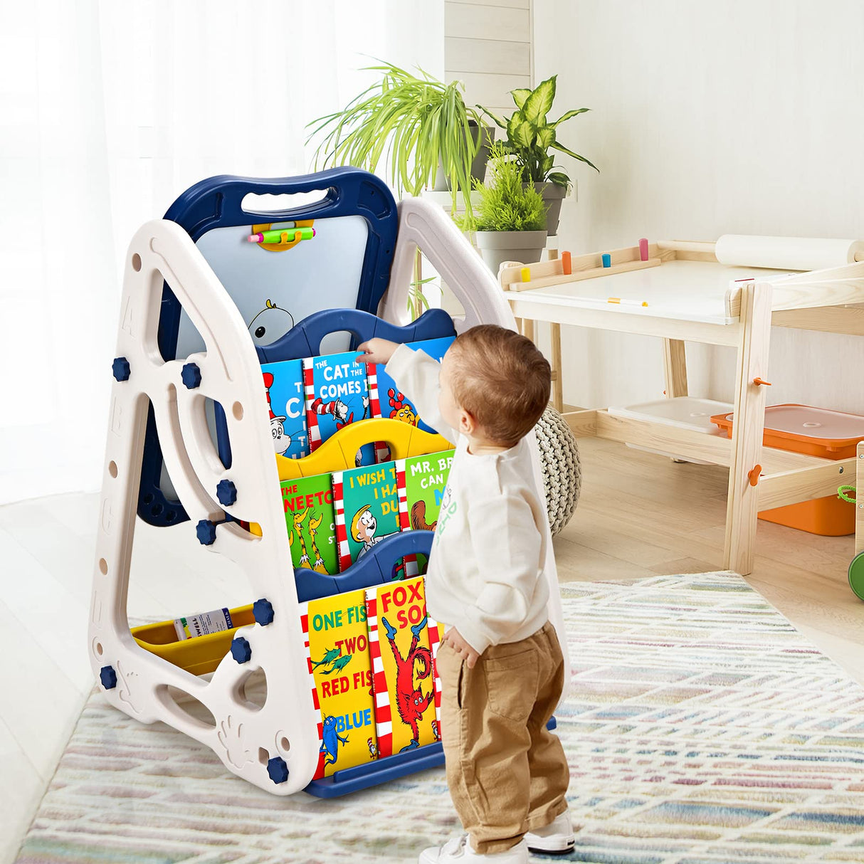 BABY JOY 3 in 1 Kids Art Easel, Double Sided Whiteboard & Chalkboard w/Book Storage Rack