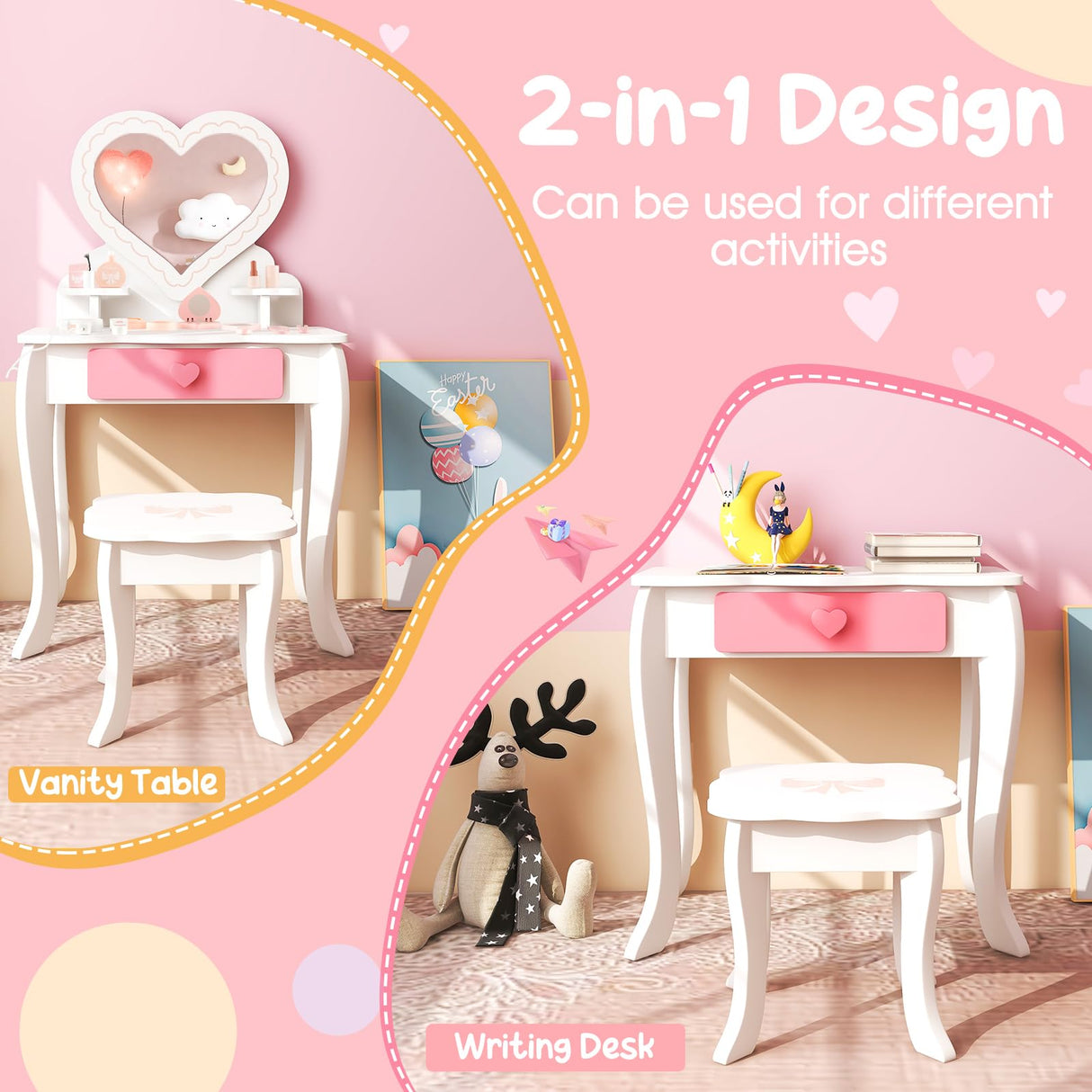 HONEY JOY Kids Vanity Set, Dressing Table w/Mirror and Stool, Accessories, Drawer, Wooden Princess Makeup Dressing Table(Heart-Shaped Mirror)
