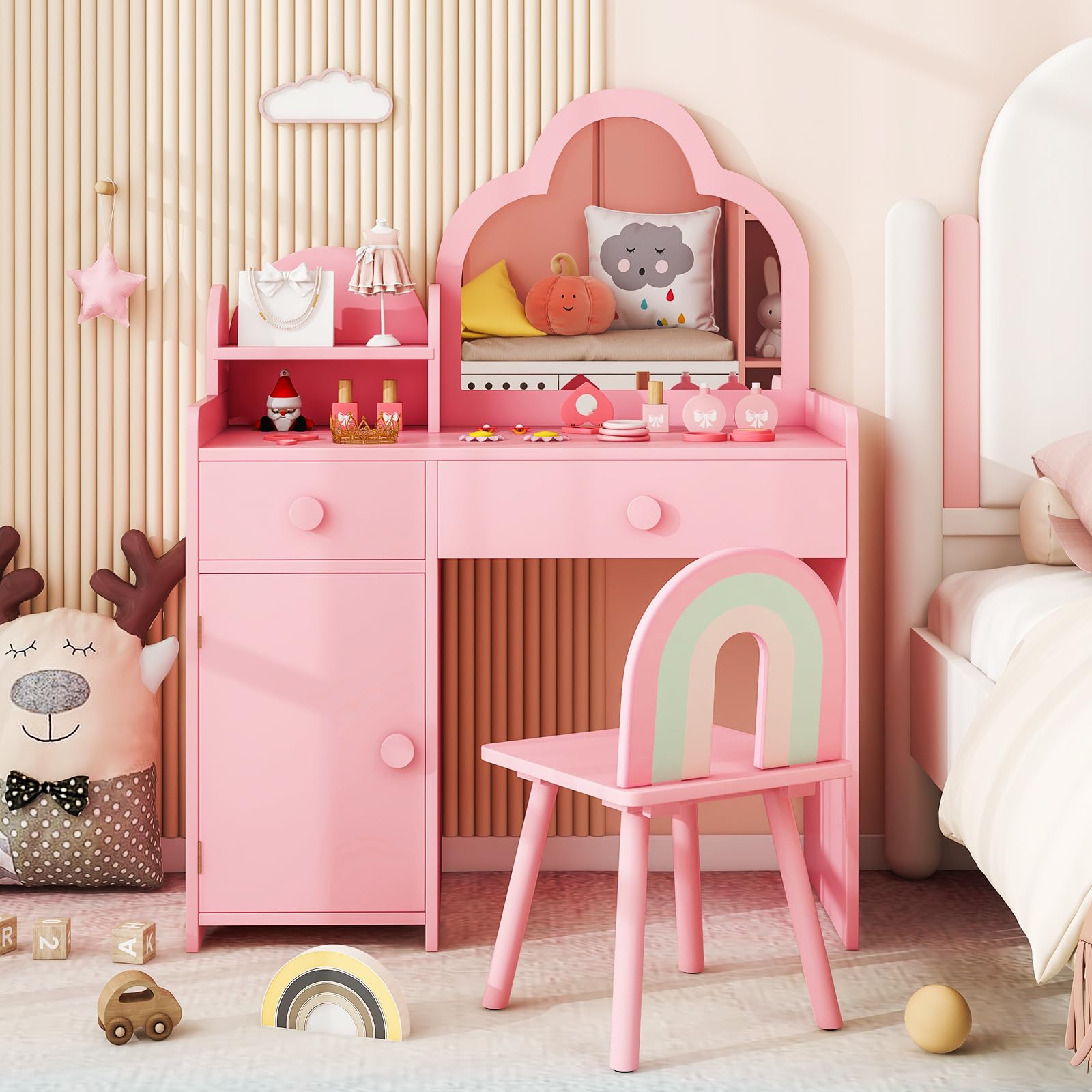 HONEY JOY 2-in-1 Kids Vanity Set w/Mirror, Princess Makeup Table w