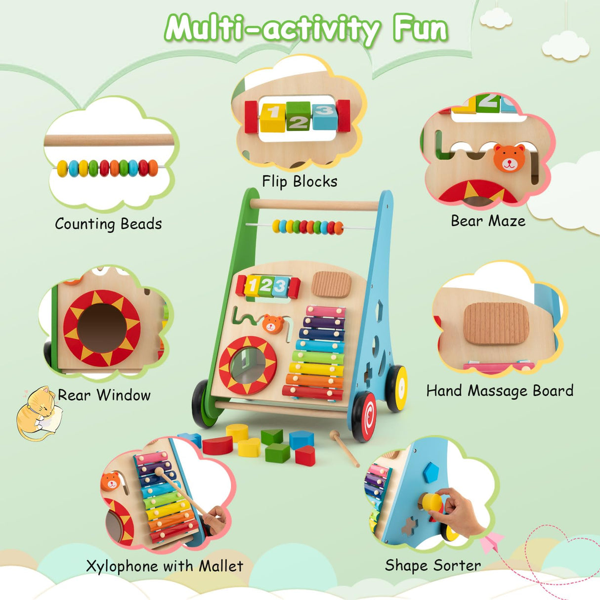BABY JOY Wooden Baby Walker, Push and Pull Sit-to-Stand Learning Walker Activity Center(Colorful)