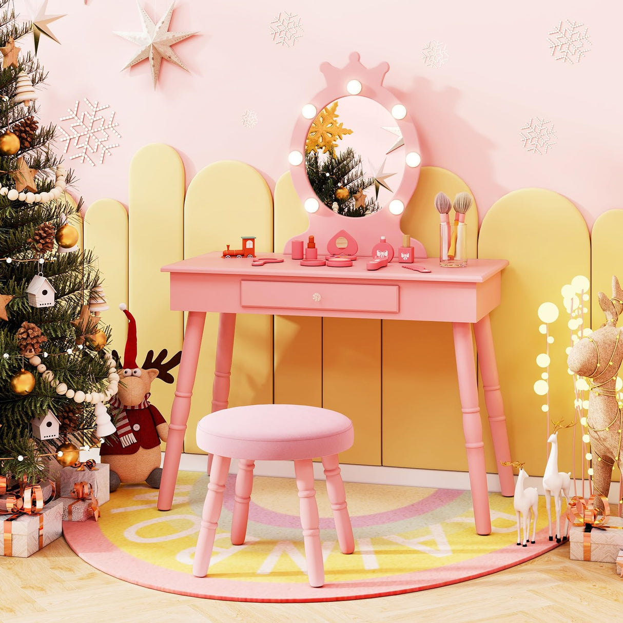 HONEY JOY Kids Vanity Set with LED Lighted Mirror & Stool