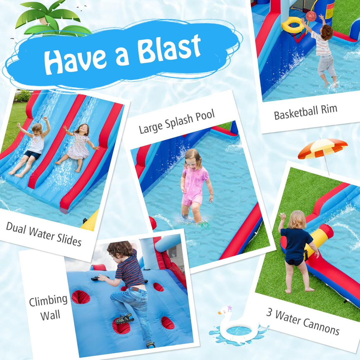 HONEY JOY Water Slide Park, 5-in-1 Inflatable Jumping House w/Dual Slides, Climbing Wall, Splash Pool, Basketball Rim, Water Cannons
