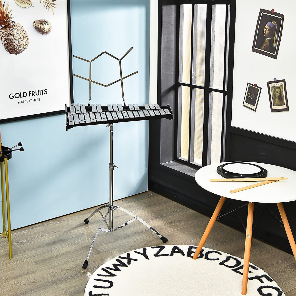 HONEY JOY 32 Note Glockenspiel Xylophone Percussion Bell Kit with Adjustable Stand, 8'' Practice Pad