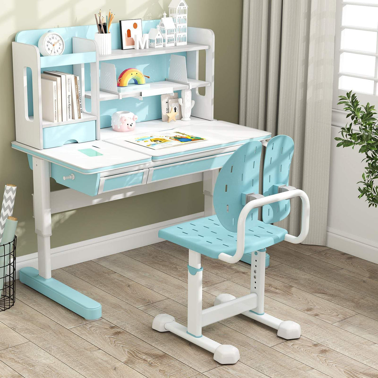 Height-Adjustable Kids Desk Chair, Children Study Chair w/Double Back Support & Breathable Seat