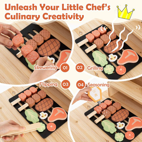 Wooden Barbecue Grill Toy Set with Sink and Faucet Kids BBQ Grill Playset