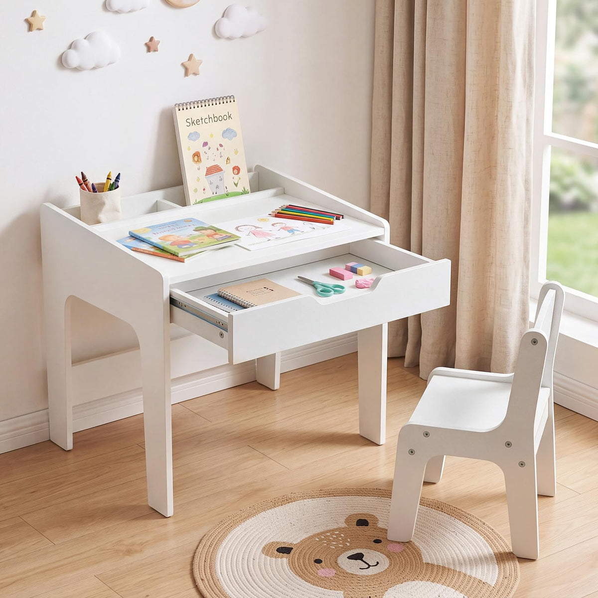 HONEY JOY Kids Desk & Chair Set, Wooden Student Study Table