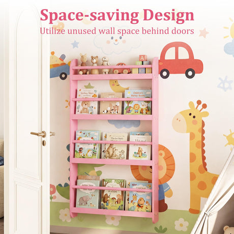 HONEY JOY Kids Bookshelf, 4-Tier Wall Mounted Bookshelf for Toys & Books